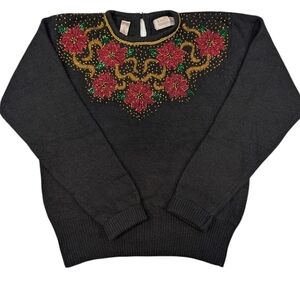 Vintage Karin Scott Petites beaded poinsettia Silk/Angora/Wool sweater. PMedium